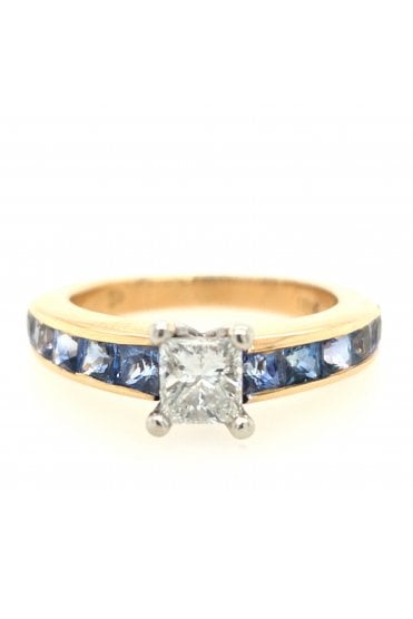 Preloved 18ct Yellow/White Gold Single Diamond & Ceylon Sapphire Ring