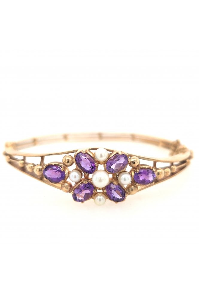 Preloved 9ct Yellow Gold Amethyst and Pearl Bangle