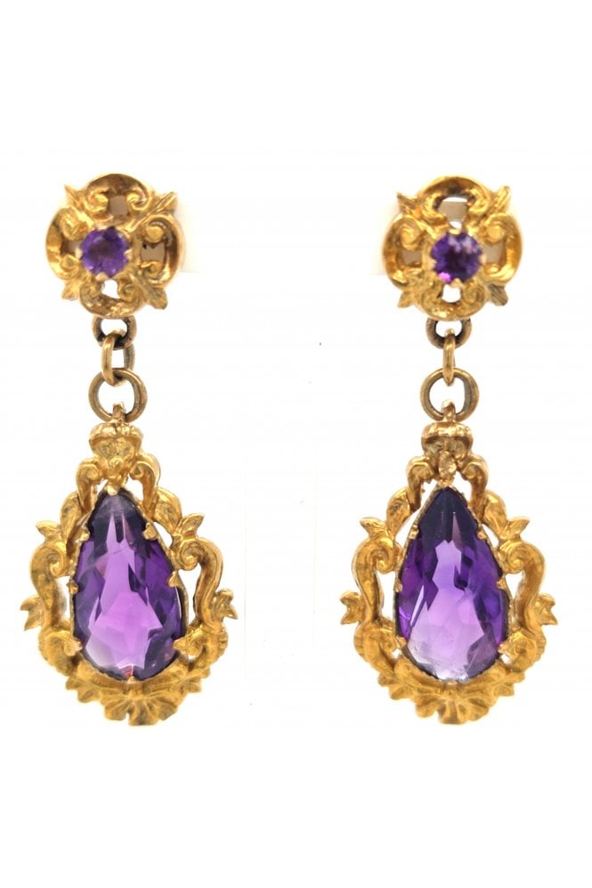 Preloved 9ct Yellow Gold Amethyst Drop Earrings 18ct Yellow Gold Claw Set