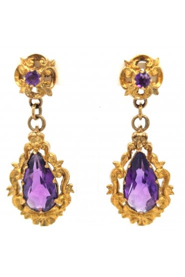 Preloved 9ct Yellow Gold Amethyst Drop Earrings 18ct Yellow Gold Claw Set