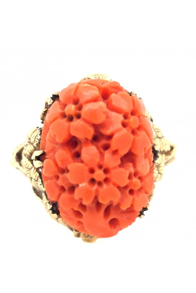 Preloved 9ct Yellow Gold Coral Ring Carved Floral Pattern