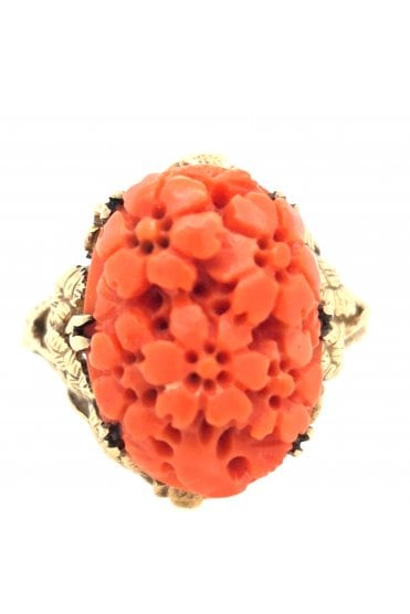 Preloved 9ct Yellow Gold Coral Ring Carved Floral Pattern