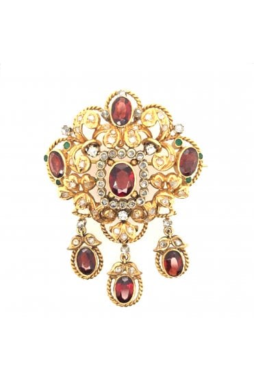 Preloved 9ct Yellow Gold Garnet, Diamond and Emerald Brooch