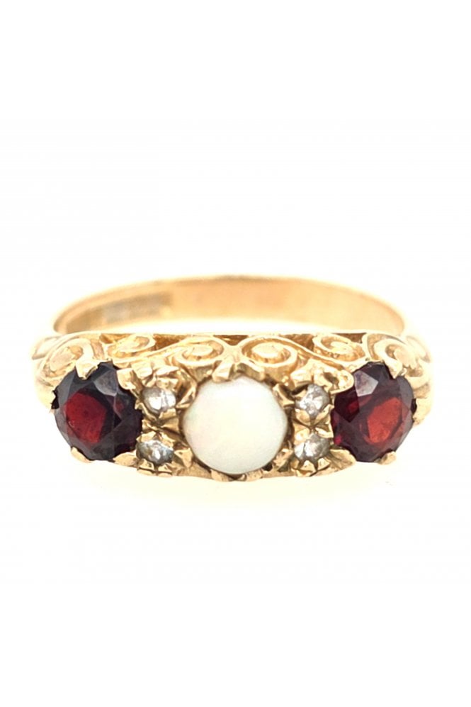Preloved 9ct Yellow Gold Opal, Garnet and Spinel Ring 9ct Yellow Gold Claw Set