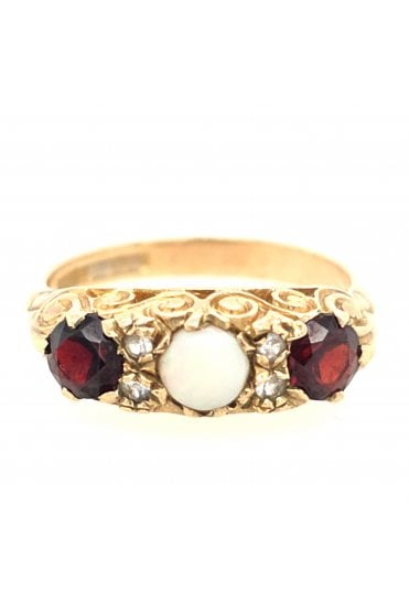 Preloved 9ct Yellow Gold Opal, Garnet and Spinel Ring 9ct Yellow Gold Claw Set