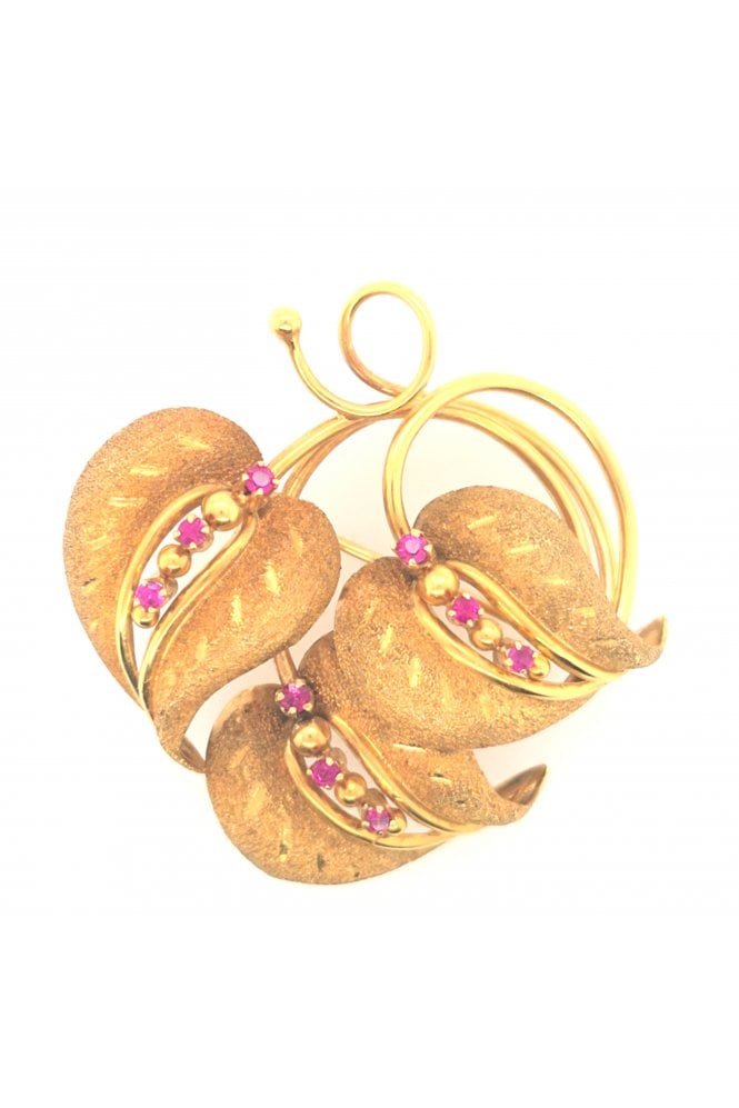 Preloved 9ct Yellow Gold Ruby Brooch Three Leaf Fancy Design