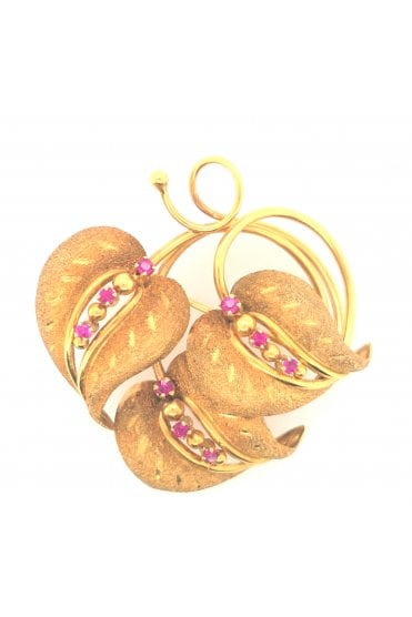Preloved 9ct Yellow Gold Ruby Brooch Three Leaf Fancy Design