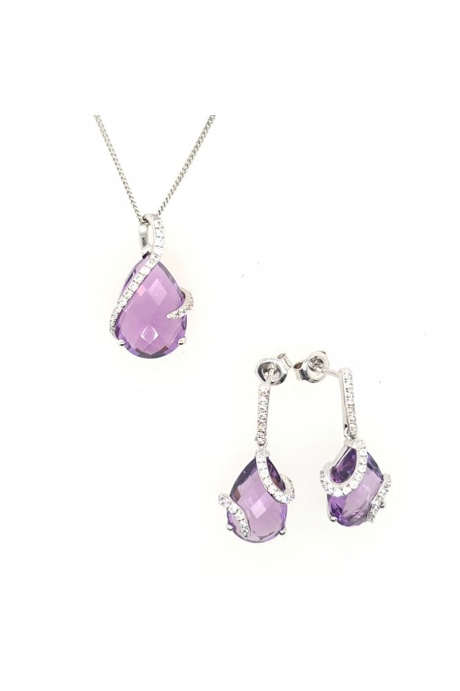 Preloved Sterling Silver Amethyst & Cubic Zirconia Pendant & Earrings Set