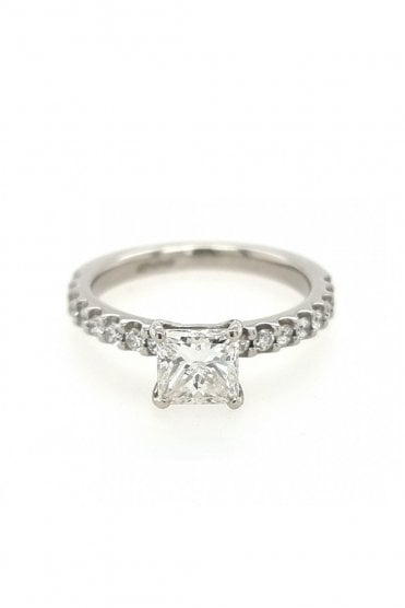 Princess Cut Diamond Ring with Diamond Set Shoulders Platinum Claw Set