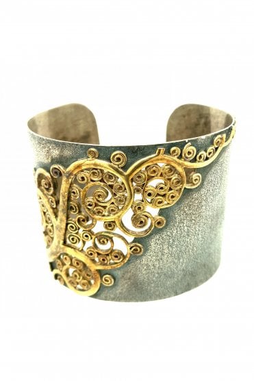  Silver and Gold Plated Over Work Talk Bangle