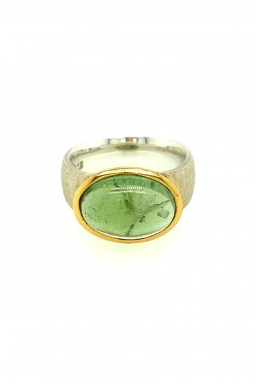 Silver & Gold Plated Green Tourmaline Ring Rubover Set Tourmaline Cut Oval