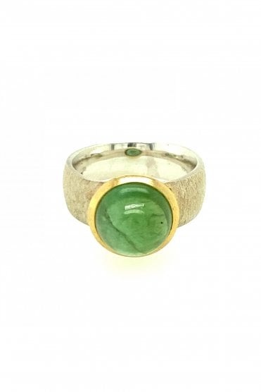 Silver & Gold Plated Green Tourmaline Ring Rubover Set Tourmaline Cut Round