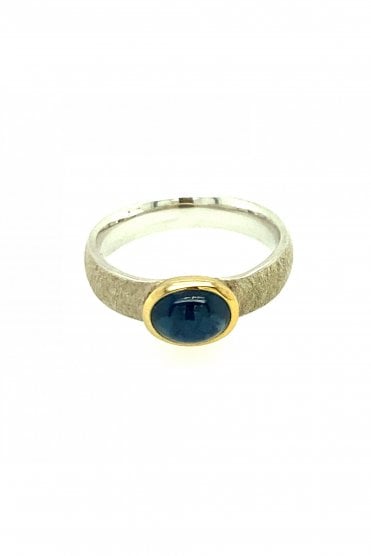 Silver & Gold Plated Natural Blue Sapphire Ring Rubbed Over Set Sapphire Cut Oval