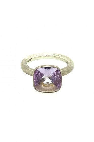 Silver Light Amethyst Multi Faceted Ring Rubbed Over Set Amethyst Cushion Cut