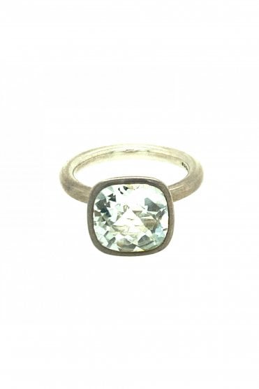 Silver White Quartz Multi Faceted Ring Rubbed Over Set Quartz Cushion Cut