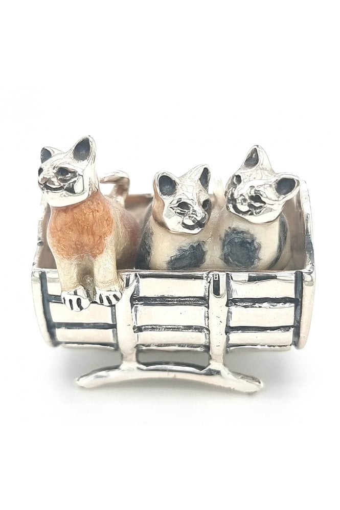 Sterling Silver and Enamel 3 Cats in a Barrel