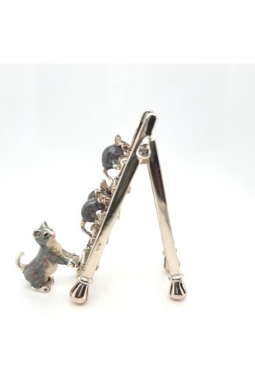 Sterling Silver and Enamel Cat and Mice on Stepladder