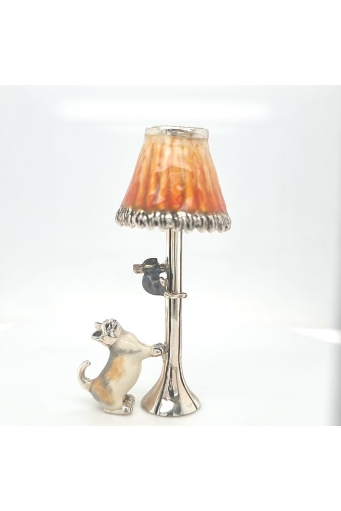 Sterling Silver and Enamel Cat and Mouse on Lamp