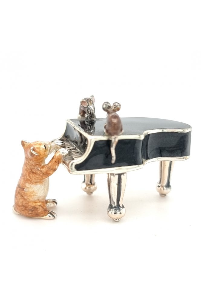Sterling Silver and Enamel Cat Playing Piano 2 Mice on Top of Piano