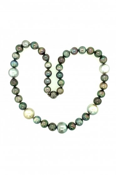Tahitian Black & Grey Pearl Strand Necklace Silver Magnetic Clasp