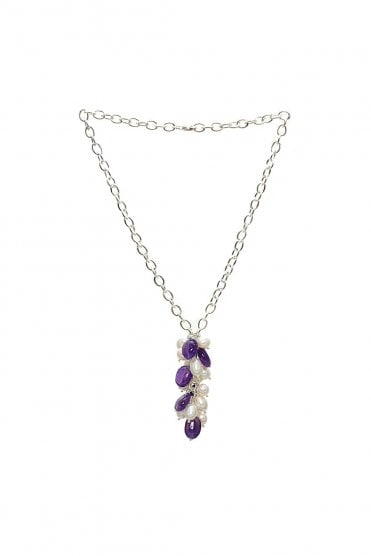 White Pearl & Amethyst Drop Pendant  Silver Chain
